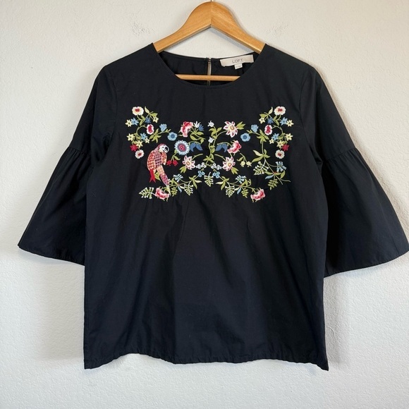 Loft Parrot Jungle Bell Mid Sleeve Embroidered Colorful Floral Black Shirt Top - Picture 2 of 12